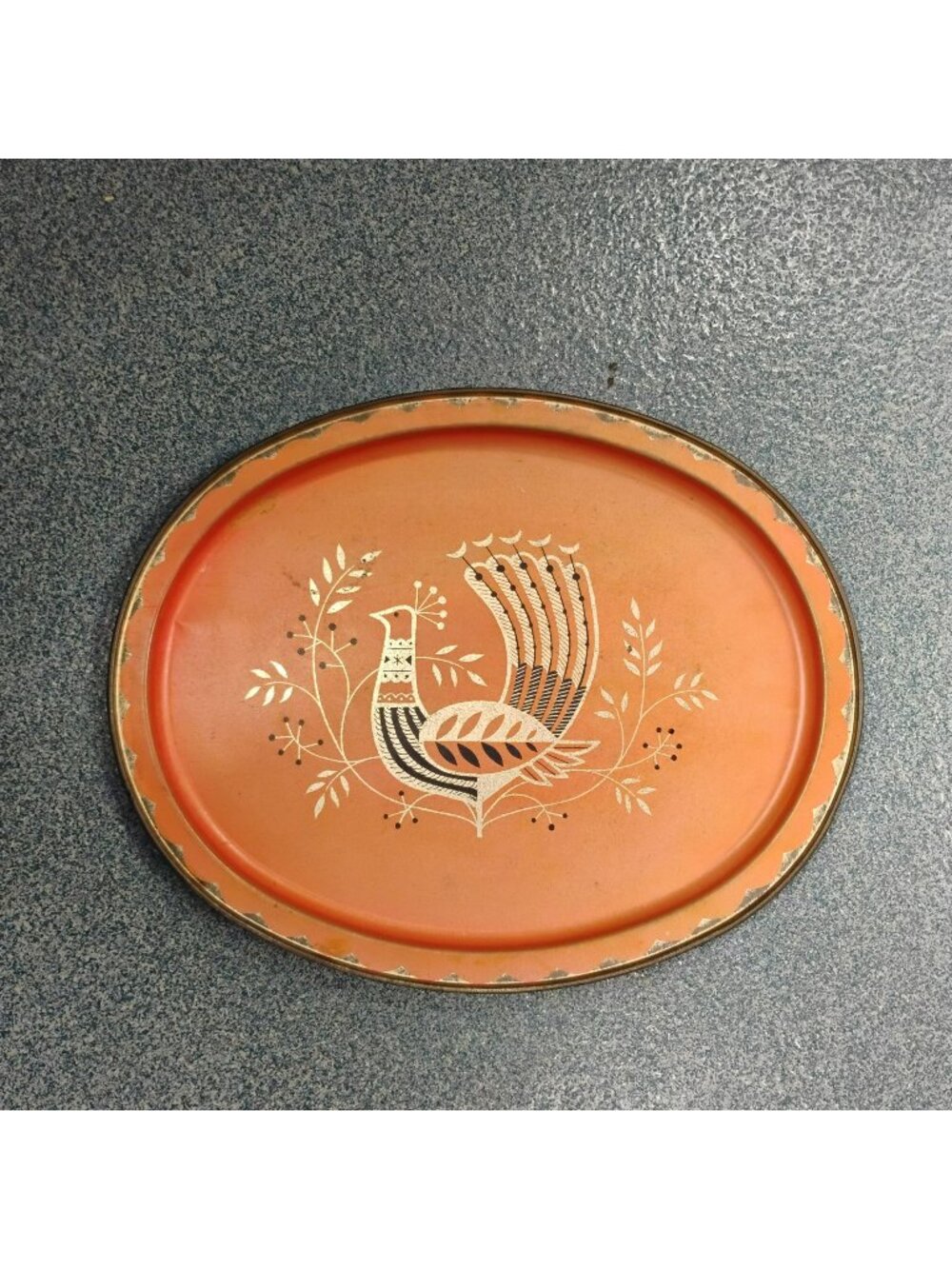 Vintage Fabcraft Red Peacock Metal Tray 1960s Mid Century Modern Folk Art Decor